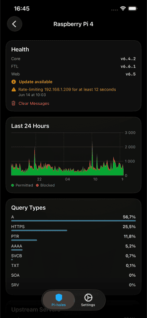 Pi Stats iOS app displaying real-time network monitoring charts in dark mode