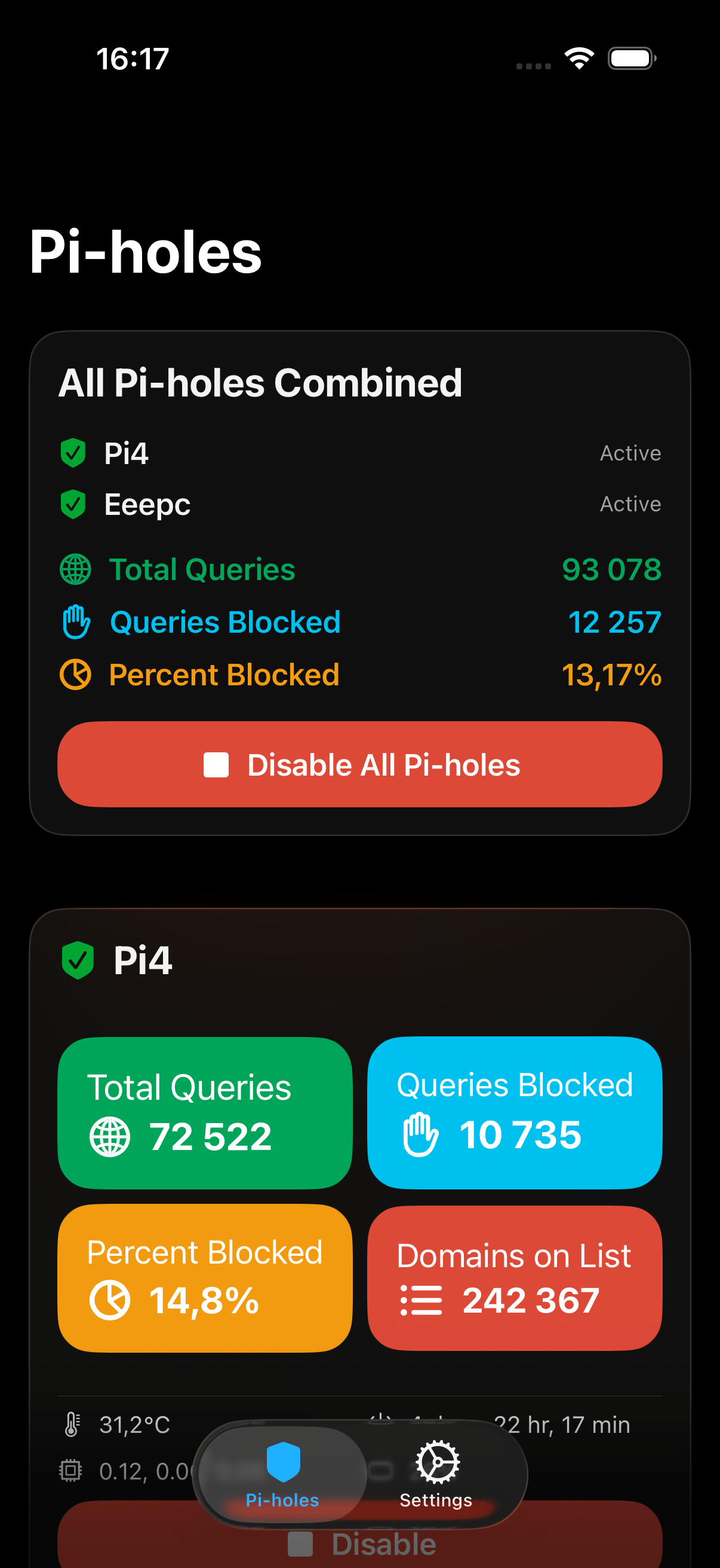 Pi Stats iOS app displaying real-time network monitoring charts in dark mode