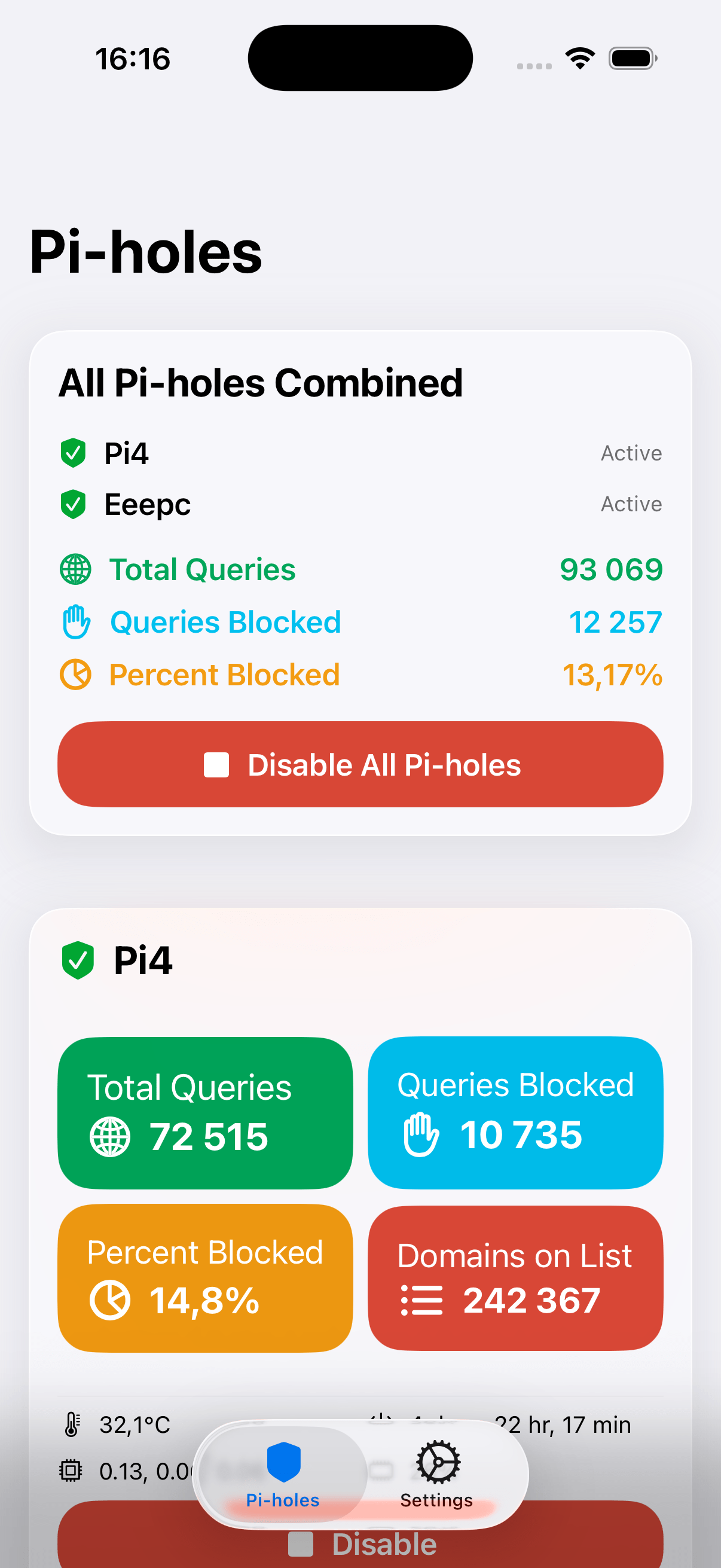 Pi Stats iOS app displaying real-time network monitoring charts in light mode