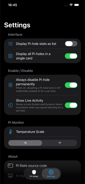 Pi Stats iOS app multiple Pi-hole instances view in dark mode