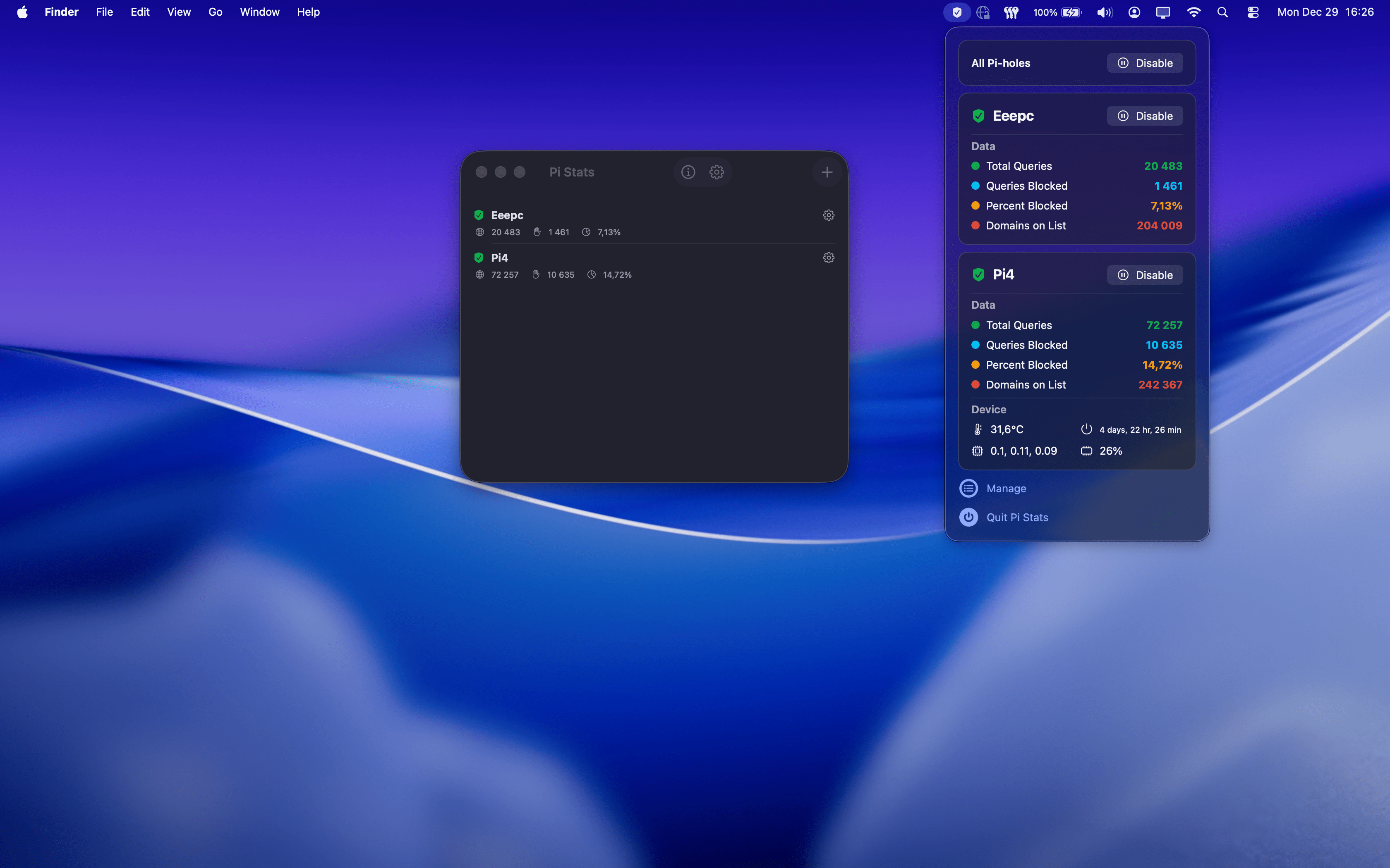 Pi Stats macOS menu bar app showing Pi-hole statistics and controls in dark mode