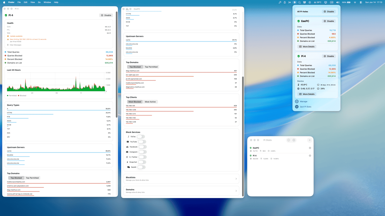 Pi Stats macOS menu bar app showing Pi-hole statistics and controls in light mode