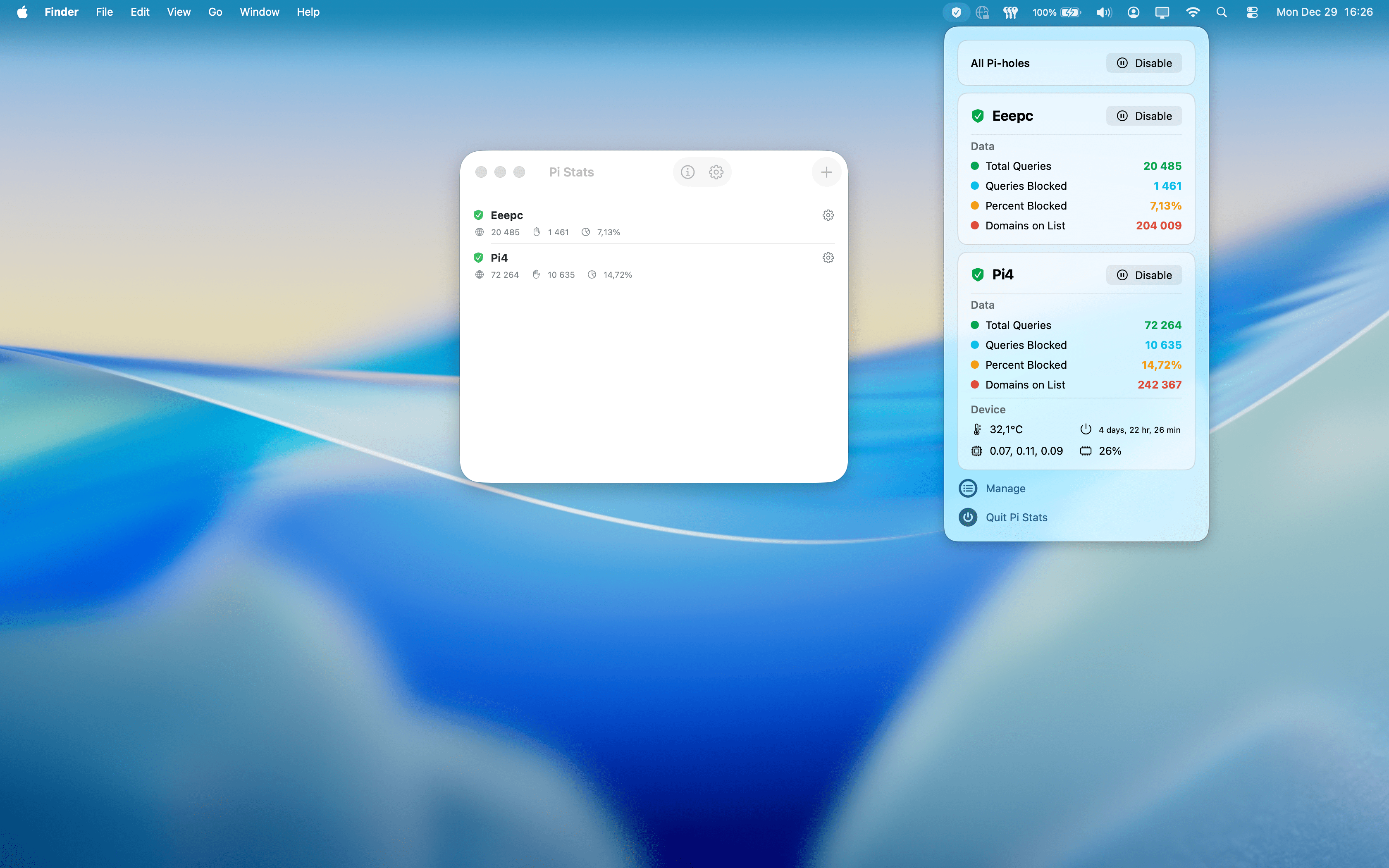 Pi Stats macOS menu bar app showing Pi-hole statistics and controls in light mode